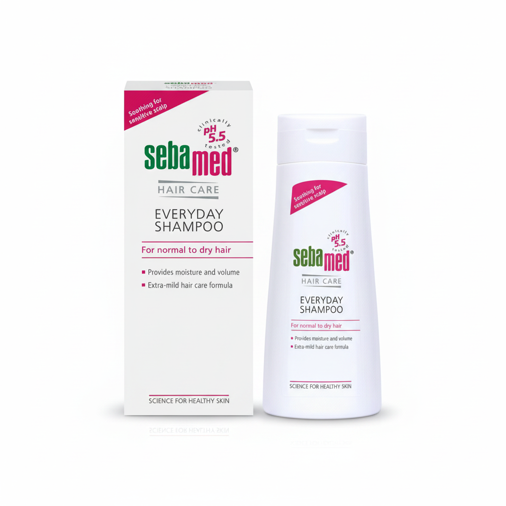 Sebamed Everyday Shampoo for normal to dry hair, box and bottle on white background – docxora.com Pakistan