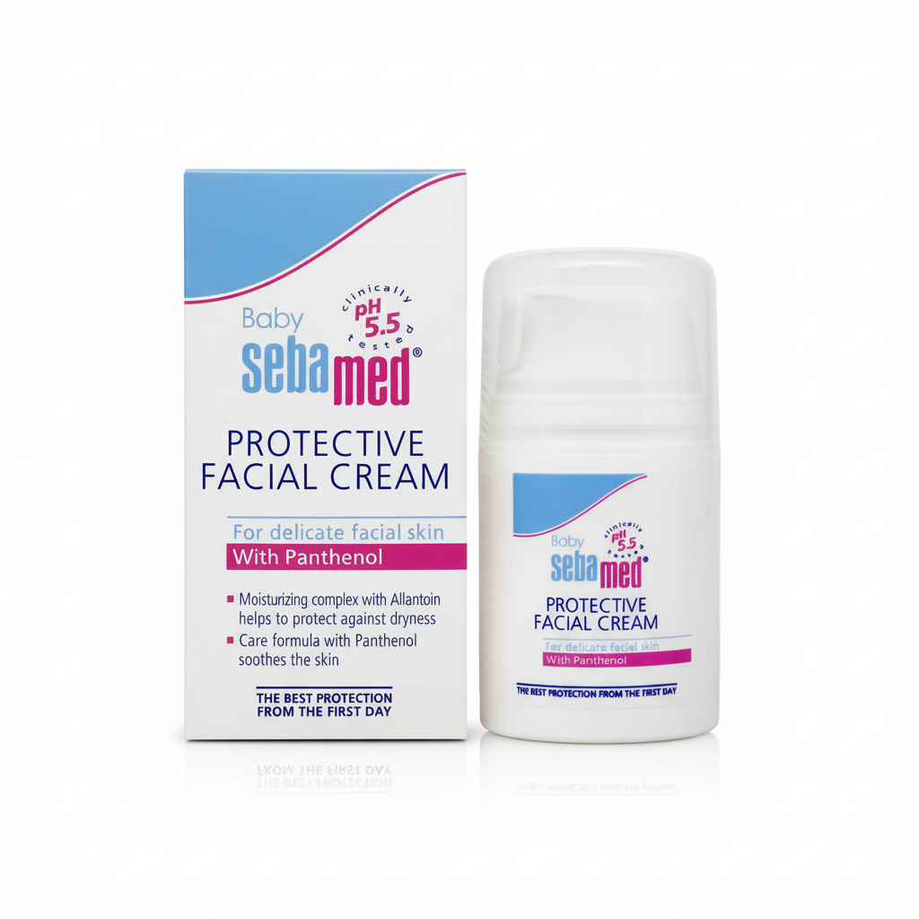 Sebamed Baby Protective Facial Cream with Panthenol box and bottle on white background – docxora.com Pakistan