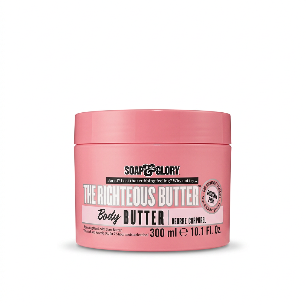 Soap & Glory The Righteous Butter Body Butter 300ml pink jar, front view – docxora.com Pakistan