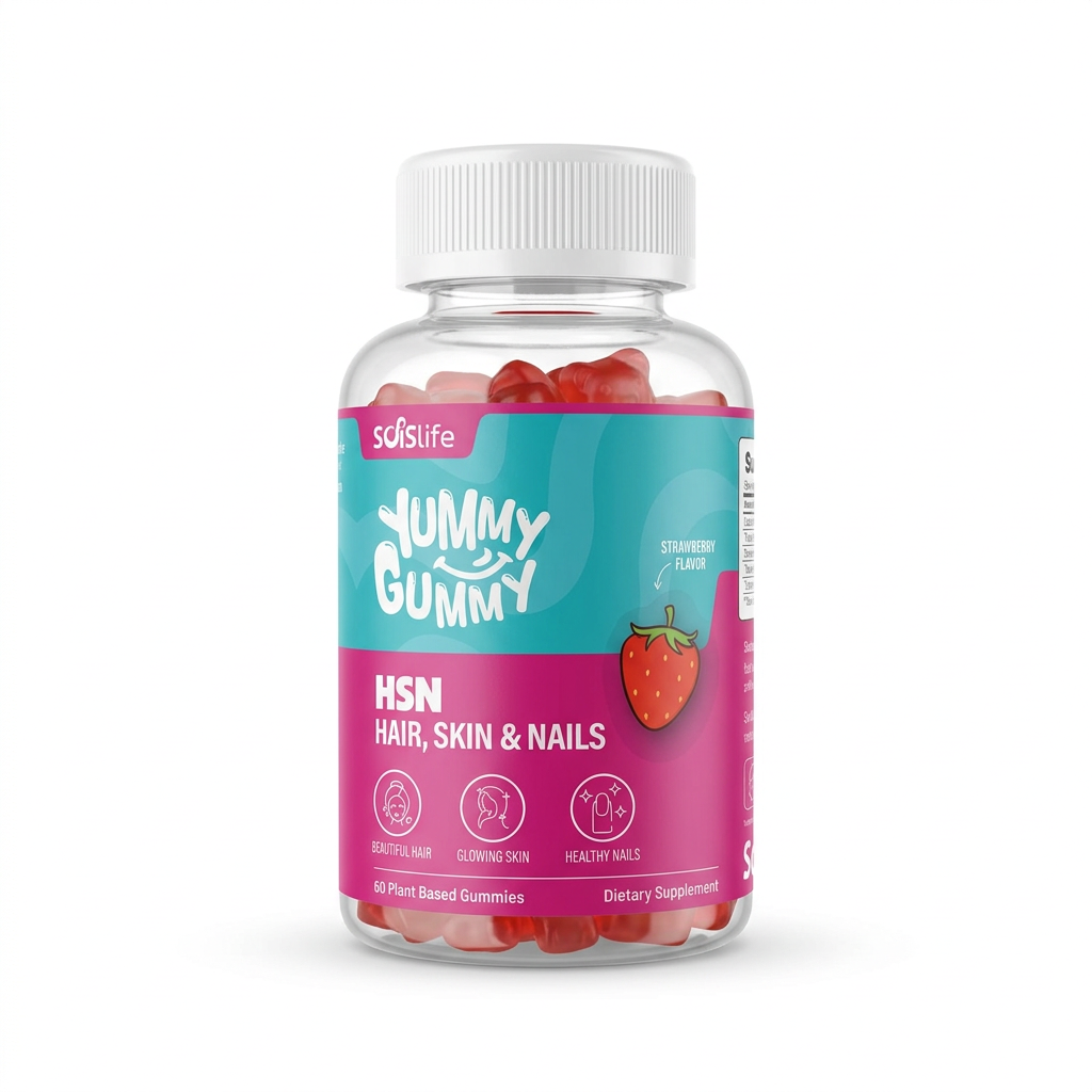 Soislife Yummy Gummy HSN Hair, Skin & Nails ki 60 plant-based gummies bottle, strawberry flavour aur turquoise-pink label ke saath – docxora.com Pakistan