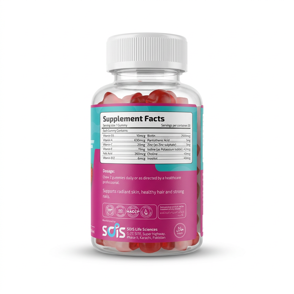 Soislife Yummy Gummy HSN Hair, Skin & Nails bottle ka back view, Supplement Facts, dosage aur manufacturer information ke saath – docxora.com Pakistan