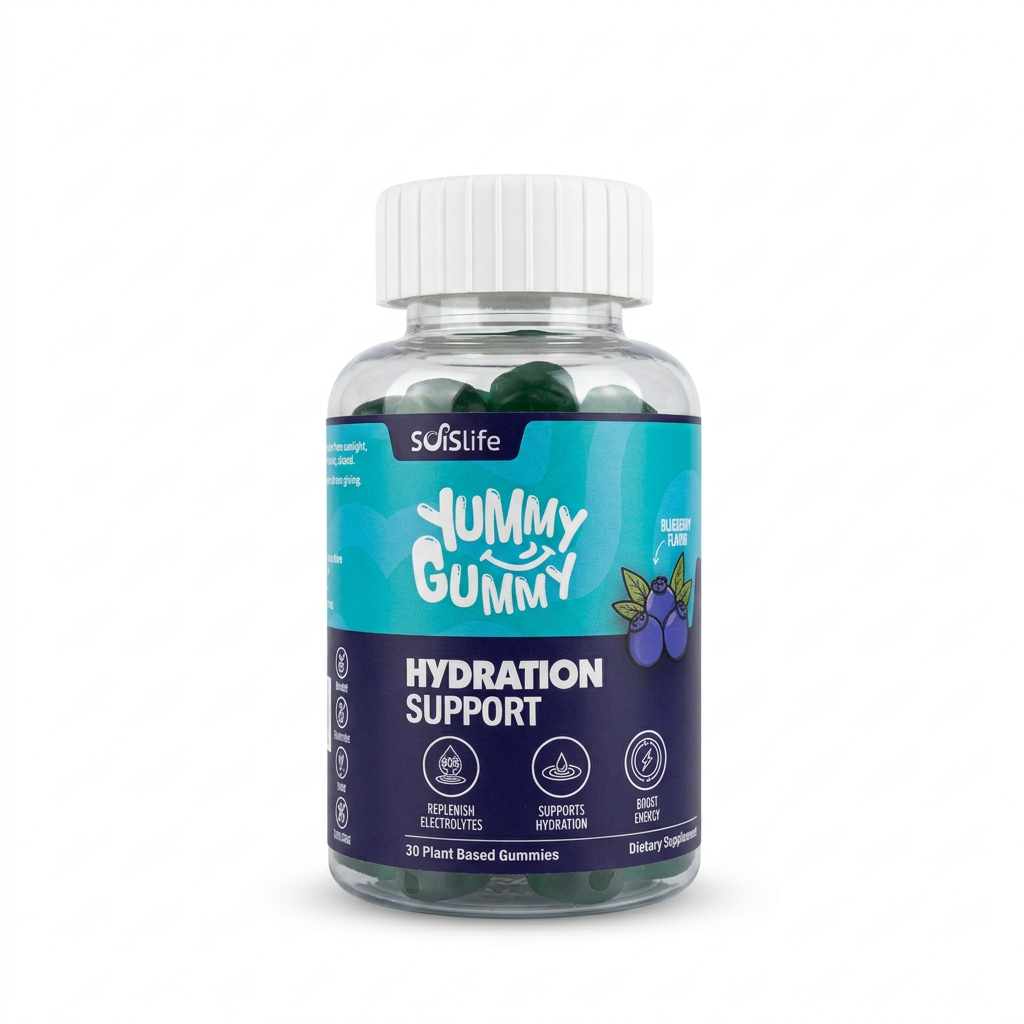Soislife Yummy Gummy Hydration Support ki 30 plant-based gummies bottle, white cap aur turquoise-purple blueberry label ke saath – docxora.com Pakistan