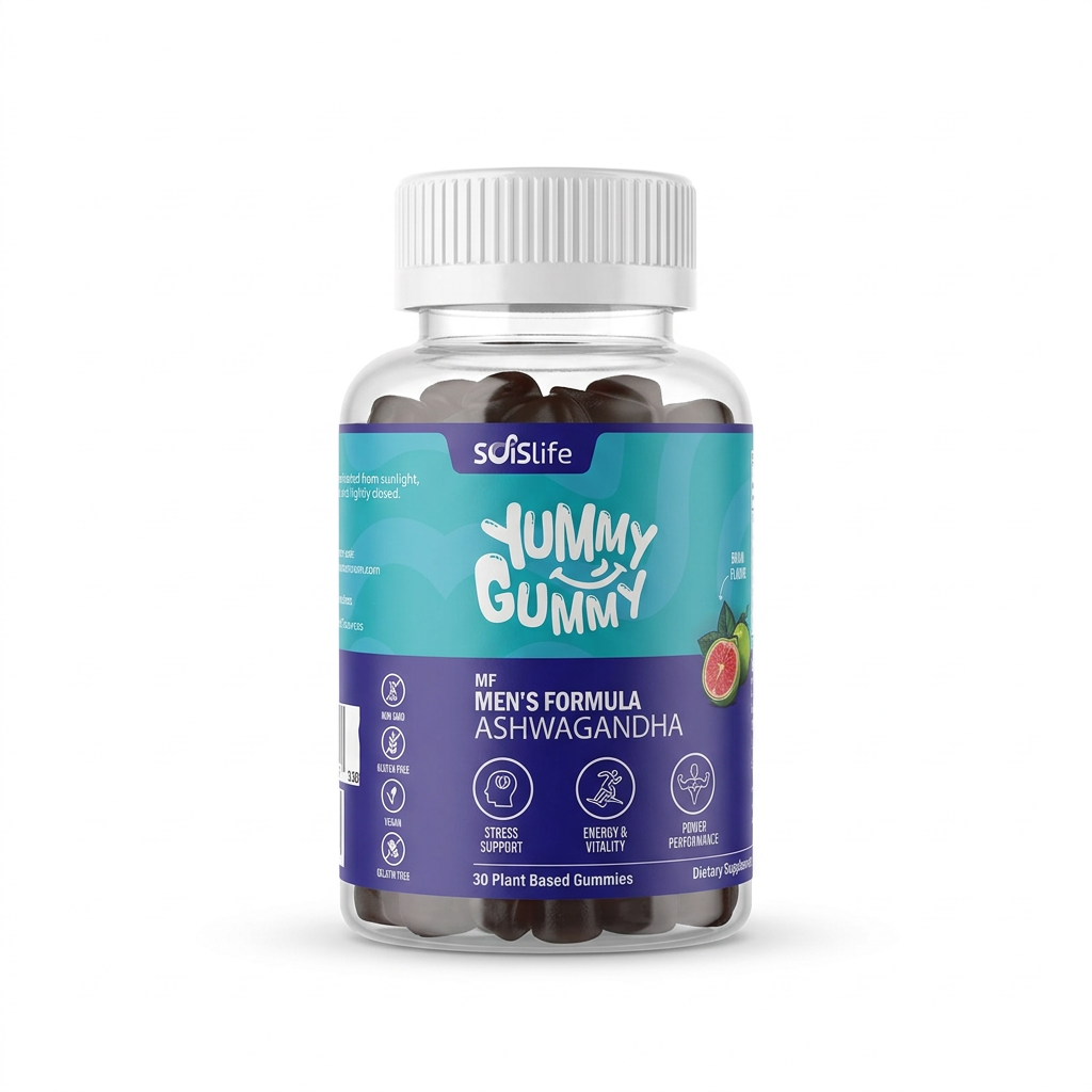 Soislife Yummy Gummy Men's Formula Ashwagandha ki 30 plant-based gummies bottle, white cap aur turquoise-purple label ke saath – docxora.com Pakistan