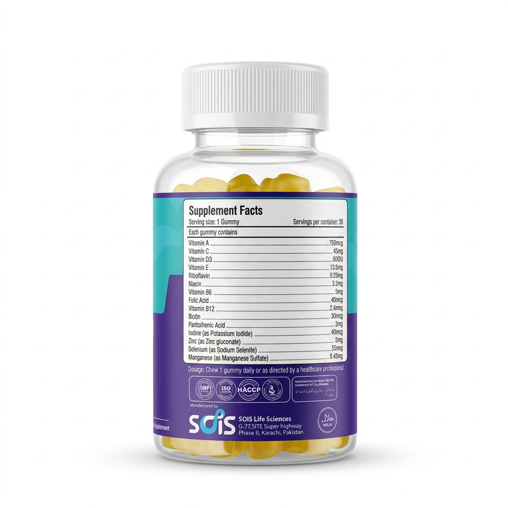 Soislife Yummy Gummy Multivitamin Men bottle ka back view, Supplement Facts, dosage aur manufacturer information ke saath – docxora.com Pakistan