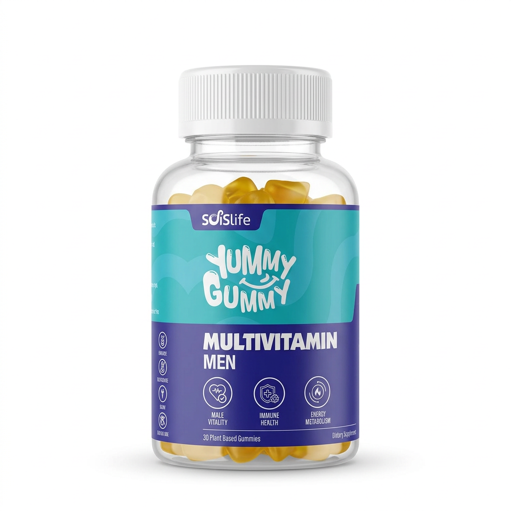 Soislife Yummy Gummy Multivitamin Men ki 30 plant-based gummies bottle, white cap aur turquoise-purple label ke saath – docxora.com Pakistan
