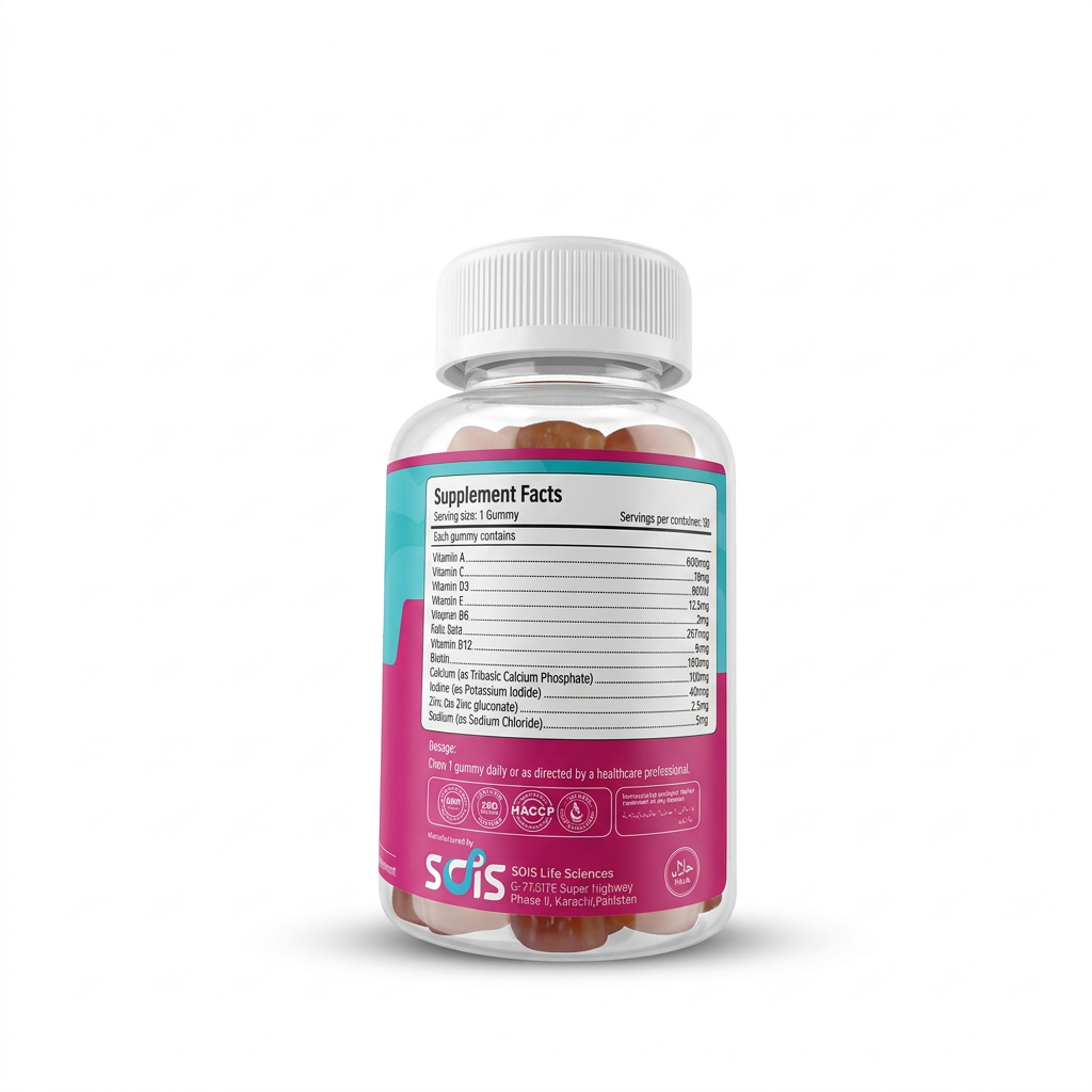 Soislife Yummy Gummy Multivitamin Women ki 30 plant-based gummies bottle, white cap aur turquoise-pink label ke saath – docxora.com Pakistan