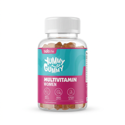 Soislife Yummy Gummy Multivitamin Women ki 30 plant-based gummies bottle, white cap aur turquoise-pink label ke saath – docxora.com Pakistan
