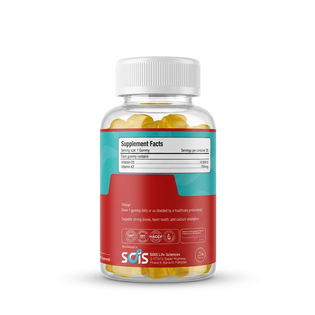 Soislife Yummy Gummy Vitamin D3 + K2 (MK-7) bottle ka back view, Supplement Facts, dosage aur manufacturer information ke saath – docxora.com Pakistan