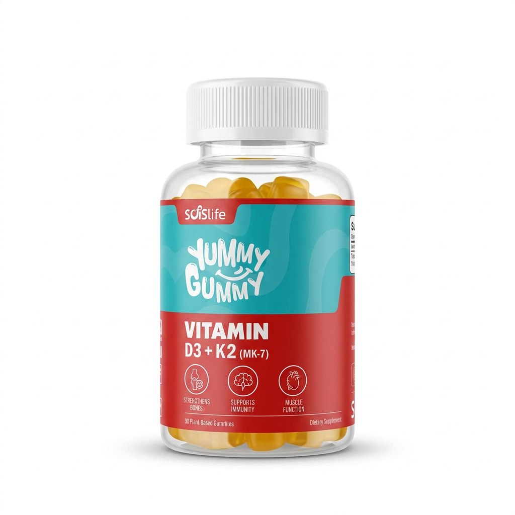 Soislife Yummy Gummy Vitamin D3 + K2 (MK-7) ki bottle, white cap aur turquoise-red label ke saath – docxora.com Pakistan