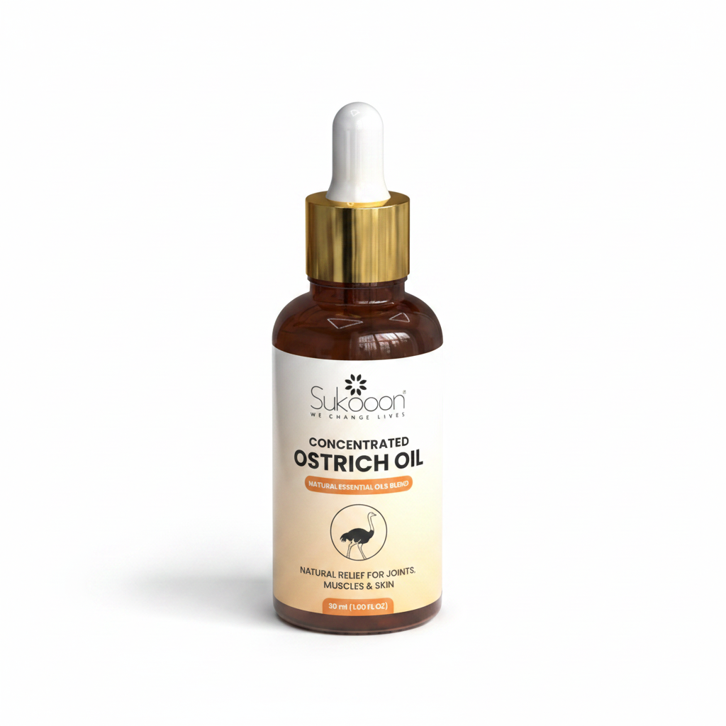 Sukooon Concentrated Ostrich Oil 30ml dropper bottle with natural essential oils blend for joints, muscles and skin on a clean white background, available at docxora.com Pakistan