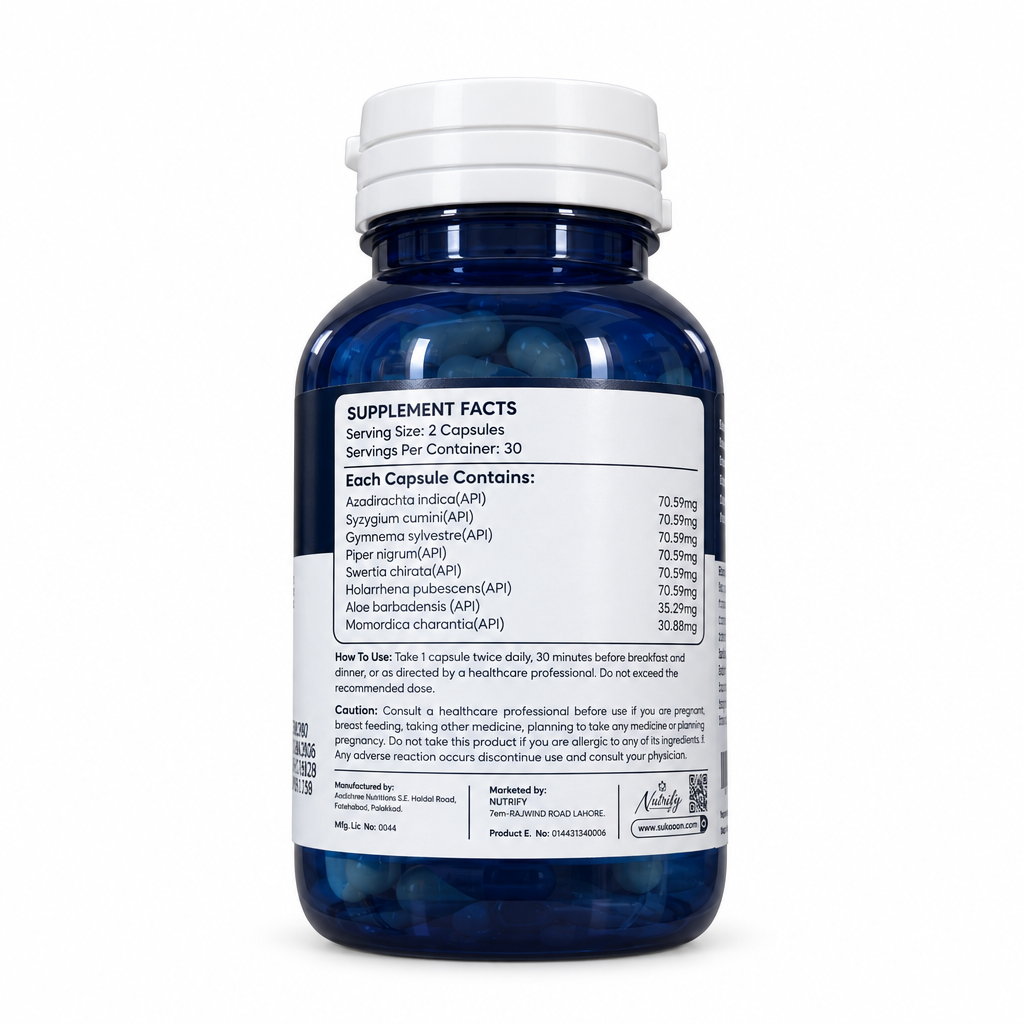 Sukooon Diabit Diabetic Support bottle back view showing supplement facts, ingredients and usage directions – docxora.com Pakistan