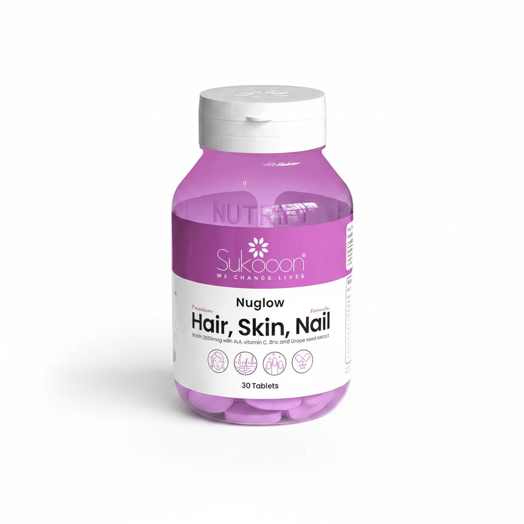 Sukooon Nuglow Hair Skin Nail 30 Tablets bottle with biotin, vitamin C, zinc and grape seed extract on a clean white background, available at docxora.com Pakistan**