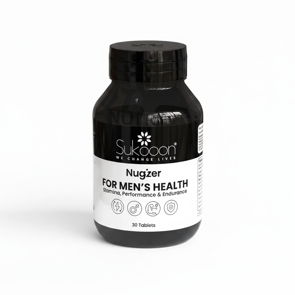 Sukooon Nugzer for Men’s Health 30 Tablets black bottle for stamina, performance and endurance on a clean white background, available at docxora.com Pakistan