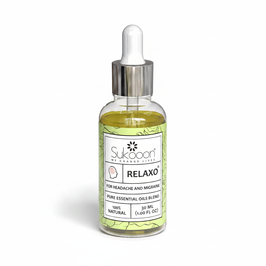 Sukooon Relaxo 30ml dropper bottle with pure essential oils blend, labelled for headache and migraine, on a white background, available at docxora.com Pakistan