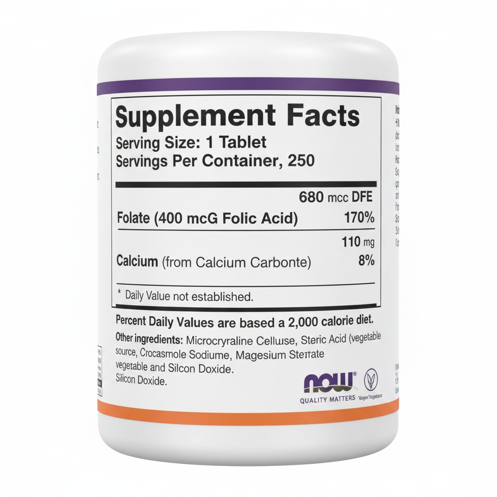 NOW Foods Folic Acid 800mcg Supplement Facts – Folate 1360mcg DFE (800mcg Folic Acid) 340% DV, Vitamin B-12 25mcg 1042% DV, GMP Certified, Made in USA – docxora.com
