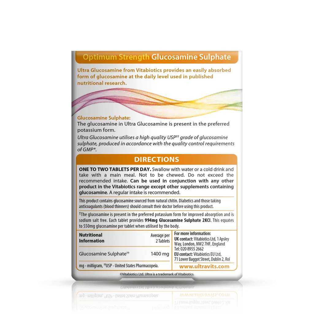 Vitabiotics Ultra Glucosamine box, back view showing dosage directions, safety information and glucosamine sulphate nutritional table – docxora.com Pakistan.⠋
