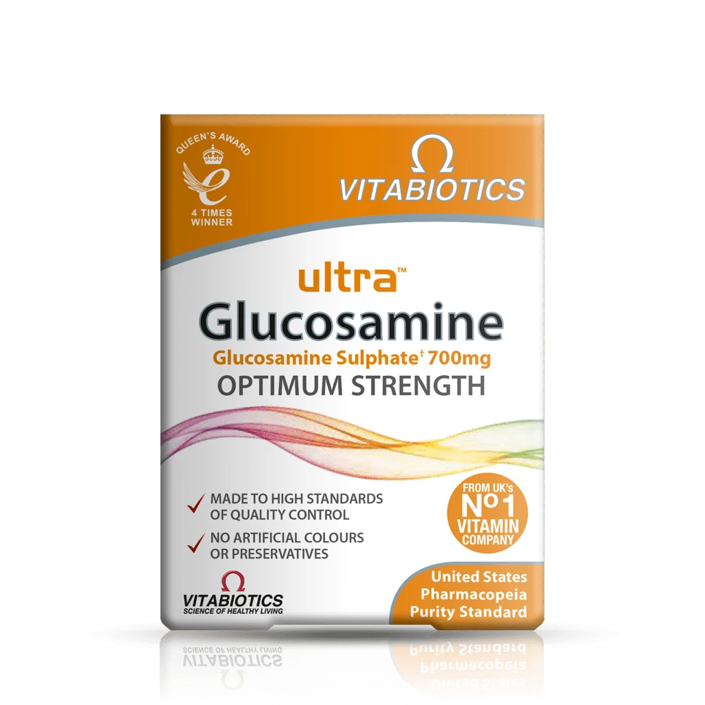 Vitabiotics Ultra Glucosamine Sulphate 700mg orange and white box, front view – docxora.com Pakistan.⠋