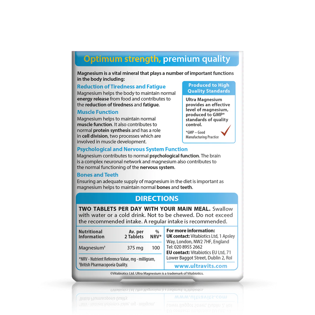 Vitabiotics Ultra Magnesium Supplement Facts – Magnesium 375mg (100% NRV) per 2 Tablets, British Pharmacopoeia Quality, GMP Certified – Reduces Tiredness, Supports Muscle & Bone Health – docxora.com Pakistan
