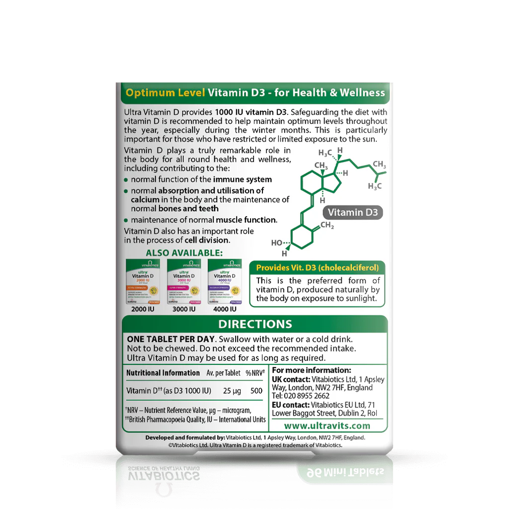 Vitabiotics Ultra Vitamin D3 1000 IU Back Label – 25mcg per Tablet, 500% NRV, Supports Immune System, Calcium Absorption & Bone Health, One Tablet Per Day – docxora.com Pakistan
