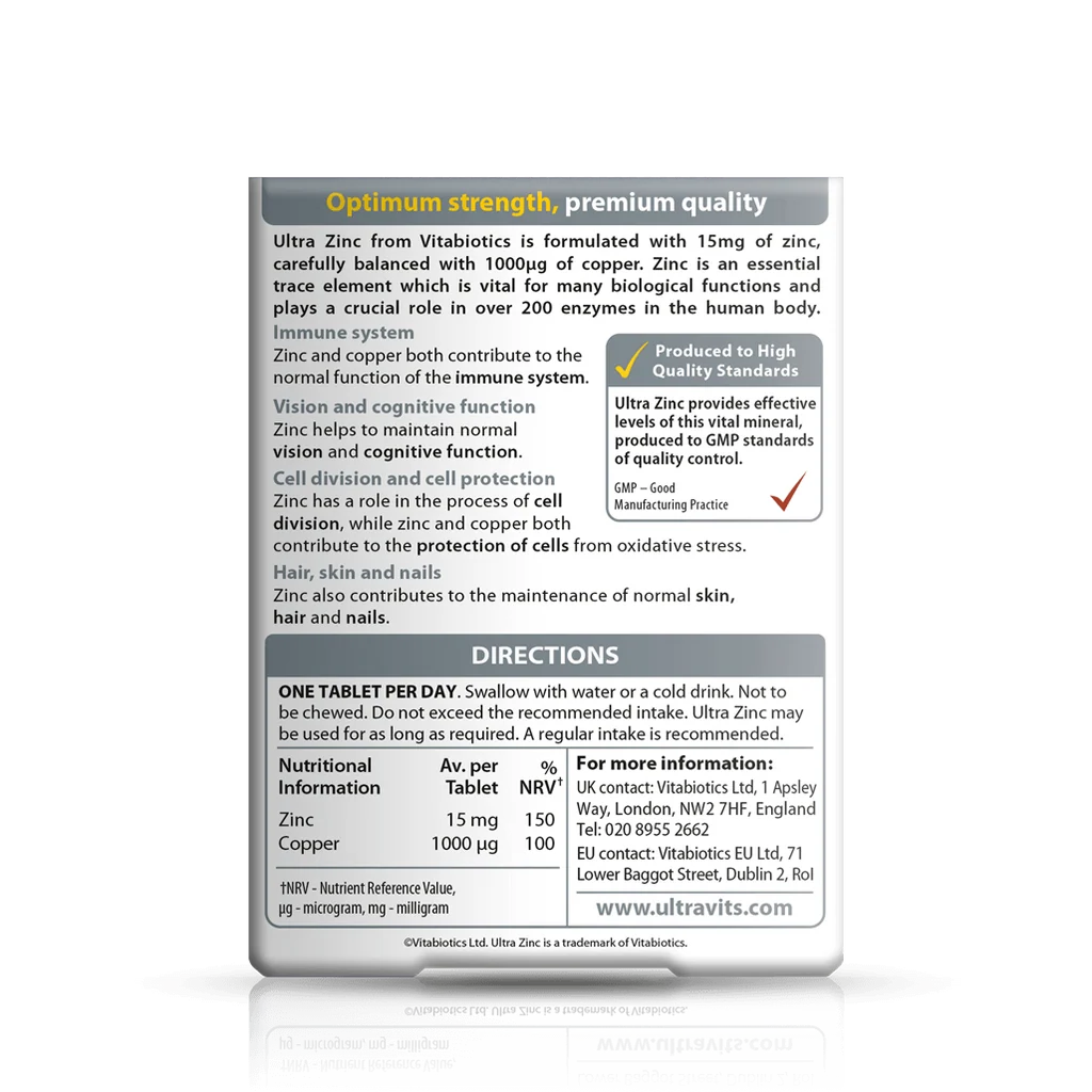 Vitabiotics Ultra Zinc with Copper box showing one-tablet daily directions and nutritional information for zinc 15mg and copper 1000µg – docxora.com Pakistan.