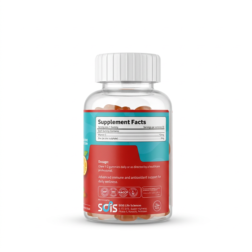 Yummy Gummy Vitamin C Plus Zinc bottle ka back view, supplement facts, dosage aur manufacturer information ke saath – docxora.com Pakistan
