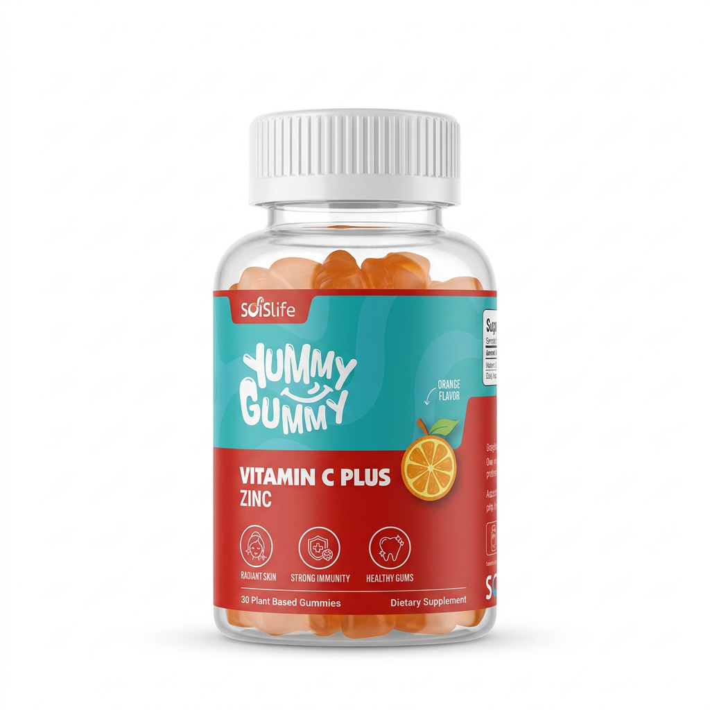 SofsLife Yummy Gummy Vitamin C Plus Zinc Orange Flavor, 30 plant-based gummies ki bottle, white cap aur turquoise-red label ke saath – docxora.com Pakistan
