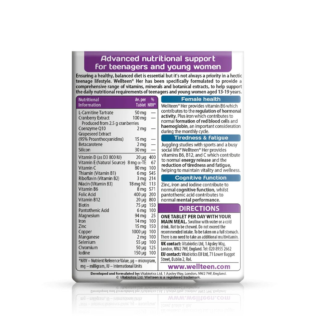 Vitabiotics Wellteen Her Supplement Facts Label – 25 Nutrients including Vitamin D, B6, B12, Iron, Zinc, Folic Acid – Advanced Nutritional Support for Teenagers – docxora.com Pakistan
