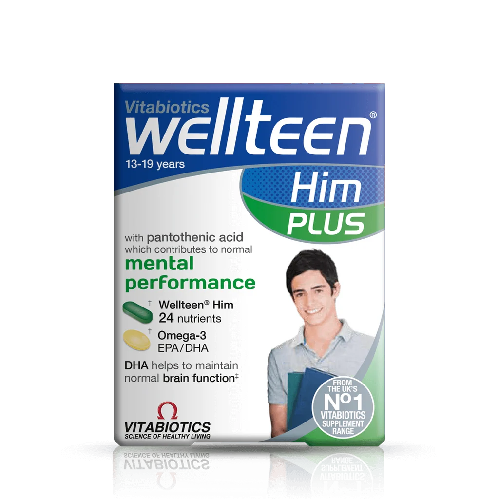 Vitabiotics Wellteen Him Plus 13–19 years, front of box showing micronutrient tablets and omega-3 EPA/DHA capsules | docxora.com Pakistan