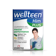 Vitabiotics Wellteen Him Plus 13–19 years, front of box showing micronutrient tablets and omega-3 EPA/DHA capsules | docxora.com Pakistan