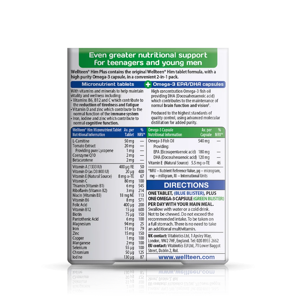 Vitabiotics Wellteen Him Plus 13–19 years, back of box showing nutritional information and directions for the tablet and omega-3 capsule | docxora.com Pakistan