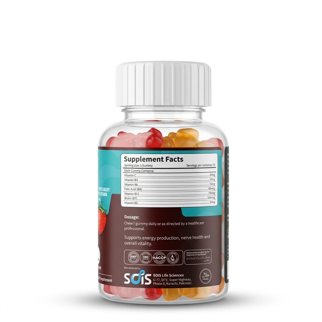 Soislife Yummy Gummy B Complex & Multivitamin bottle ka back view, supplement facts, dosage aur manufacturer information ke saath – docxora.com Pakistan