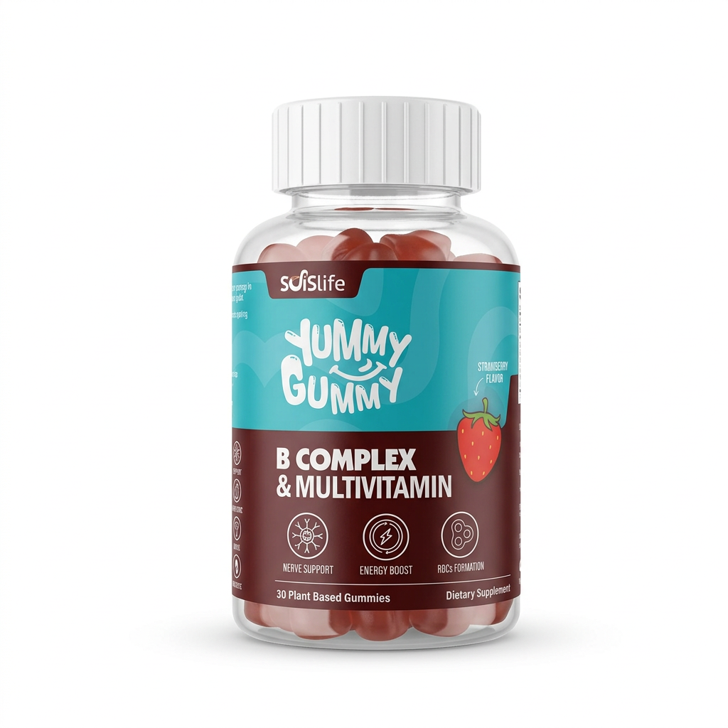 Soislife Yummy Gummy B Complex & Multivitamin Strawberry Flavor, 30 plant-based gummies ki bottle, white cap aur turquoise-burgundy label ke saath – docxora.com Pakistan