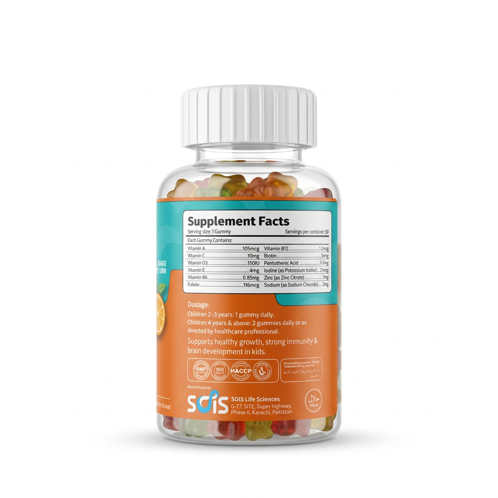 Soislife Yummy Gummy Kids Multivitamins bottle ka back view, supplement facts, age-wise dosage aur manufacturer information ke saath – docxora.com Pakistan