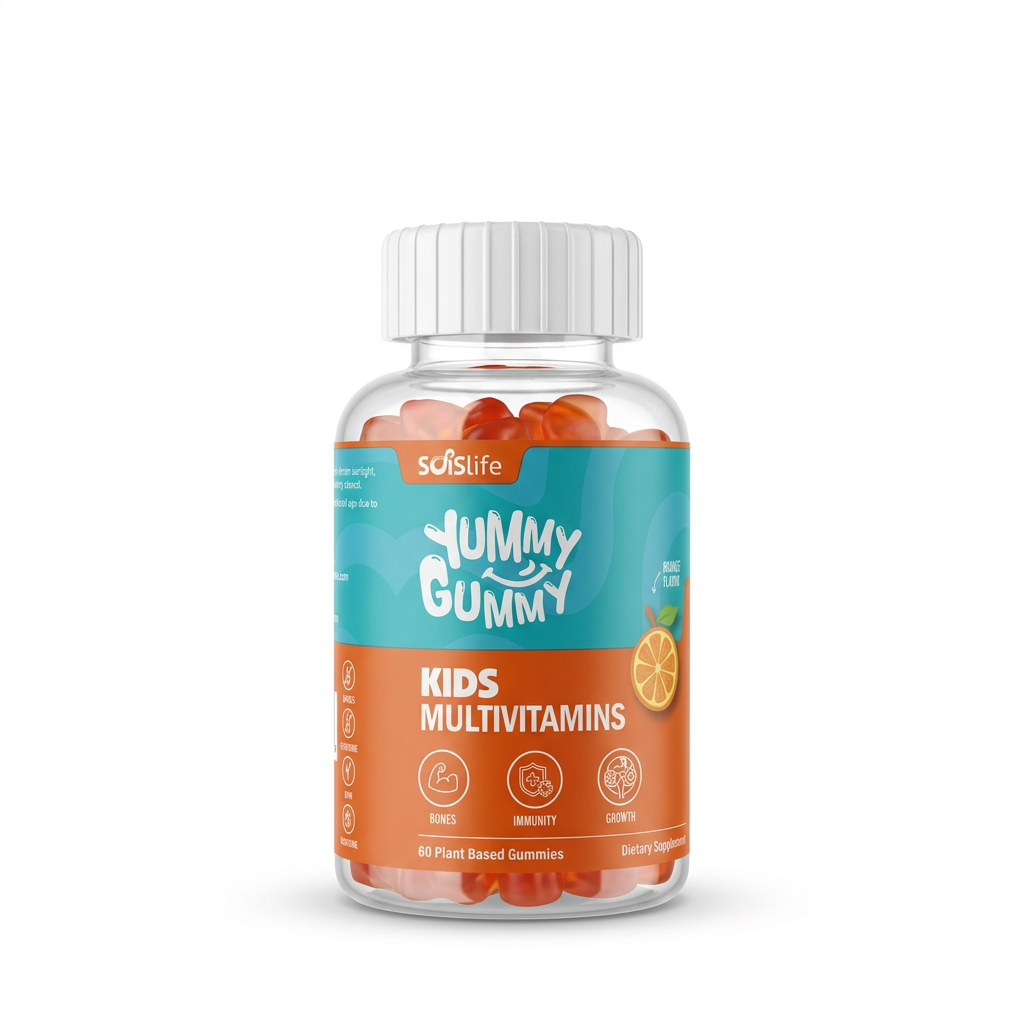 Soislife Yummy Gummy Kids Multivitamins, 60 plant-based gummies ki bottle, white cap aur turquoise-orange label ke saath – docxora.com Pakistan